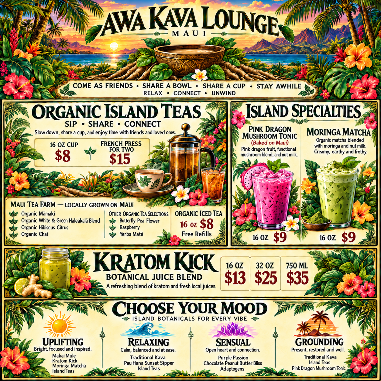 Awa Kava Lounge Organic Island Teas, Island Specialties, Kratom Kick, and Choose Your Mood menu